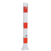 Barrier posts | Steel tube 70 x 70 mm | foldable, with triangular locking mechanism | for casting in concretewith ground socket part-no. 470.60approx. 400 mm below ground | hot-dip galvanized and white coatedwith three red reflecting stripes | without eyelet